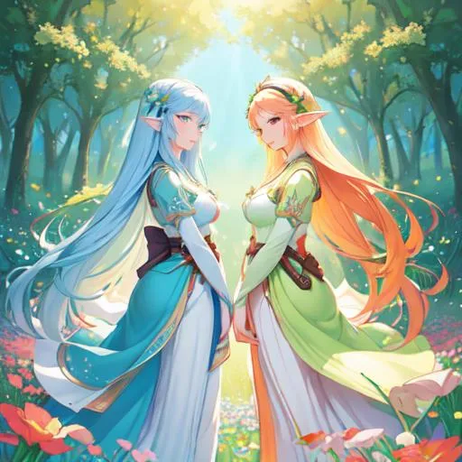 Prompt: close-up, on a lovely spring day, create a  colored pen and ink illustration of two elf women in a loving relationship, standing beneath enormous flowers in a field. Emulate the artistry of Cyril Rolando and Goro Fujita, inspired by their styles. Enhance the artwork with 4K resolution, v-ray, ray tracing, and cell shading techniques. Enrich the scene with enormous butterflies flying overhead, each with a huge wingspan.