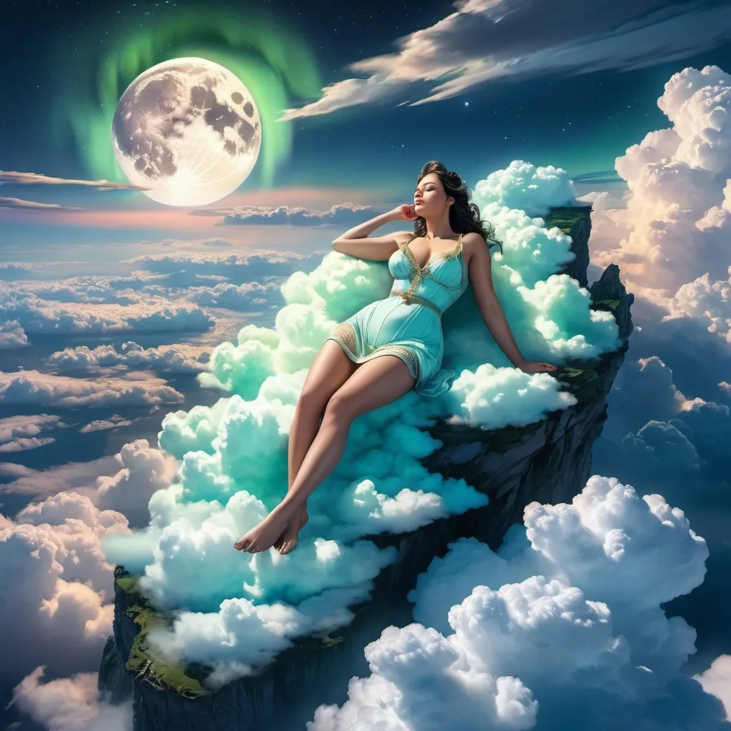 Prompt: giant,  gigantic woman, perfect features laying on clouds above miniature landscape, aurora in the sky, full moon, cell shading, stunning visuals