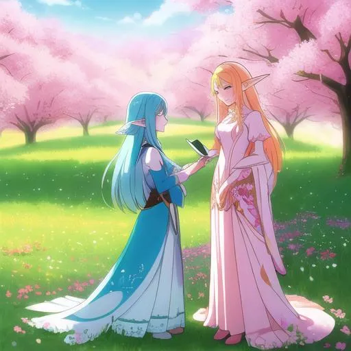 Prompt: close-up, on a lovely spring day, create a  colored pen and ink illustration of two elf women in a loving relationship, standing beneath enormous flowers in a field. Emulate the artistry of Cyril Rolando and Goro Fujita, inspired by their styles. Enhance the artwork with 4K resolution, v-ray, ray tracing, and cell shading techniques. Enrich the scene with enormous butterflies flying overhead, each with a huge wingspan.