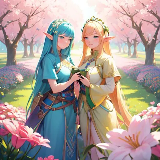 Prompt: close-up, on a lovely spring day, create a  colored pen and ink illustration of two elf women in a loving relationship, standing beneath enormous flowers in a field. Emulate the artistry of Cyril Rolando and Goro Fujita, inspired by their styles. Enhance the artwork with 4K resolution, v-ray, ray tracing, and cell shading techniques. Enrich the scene with enormous butterflies flying overhead, each with a huge wingspan.