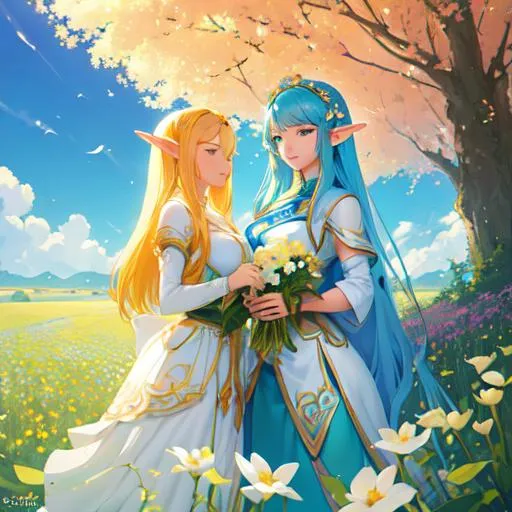 Prompt: close-up, on a lovely spring day, create a  colored pen and ink illustration of two elf women in a loving relationship, standing beneath enormous flowers in a field. Emulate the artistry of Cyril Rolando and Goro Fujita, inspired by their styles. Enhance the artwork with 4K resolution, v-ray, ray tracing, and cell shading techniques. Enrich the scene with enormous butterflies flying overhead, each with a huge wingspan.