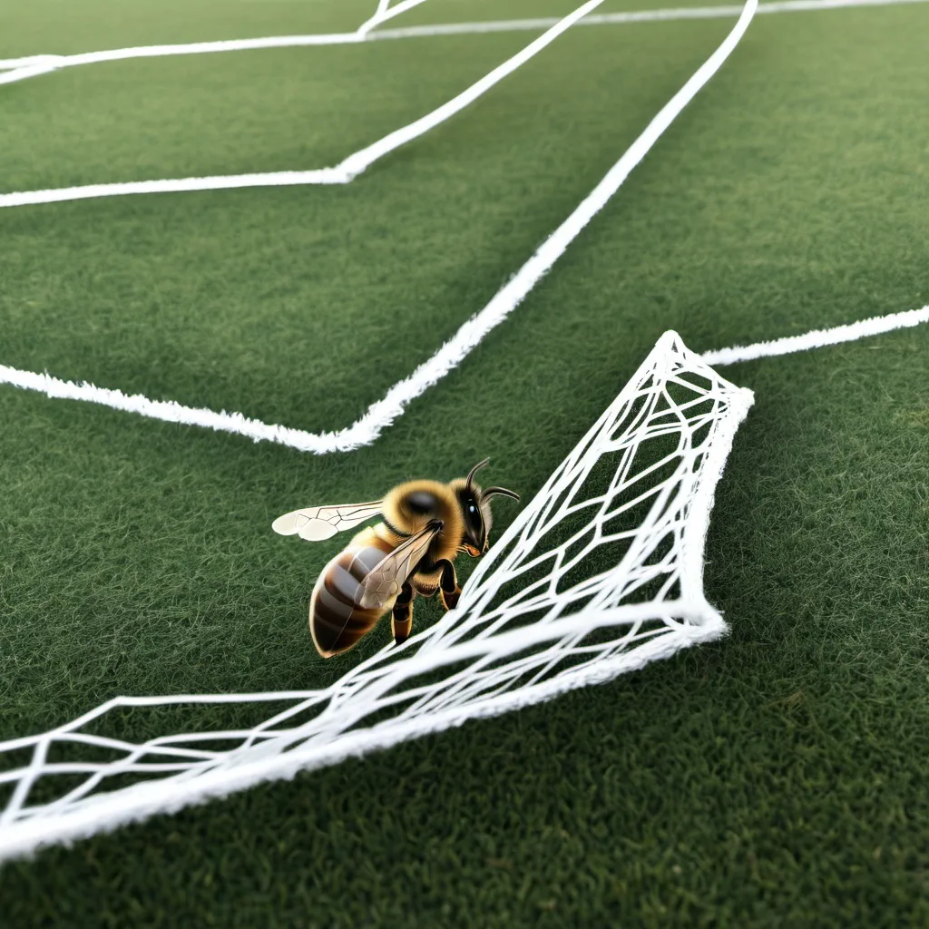 Prompt: A bee playing football in football yard and the goal net looks like honecomb