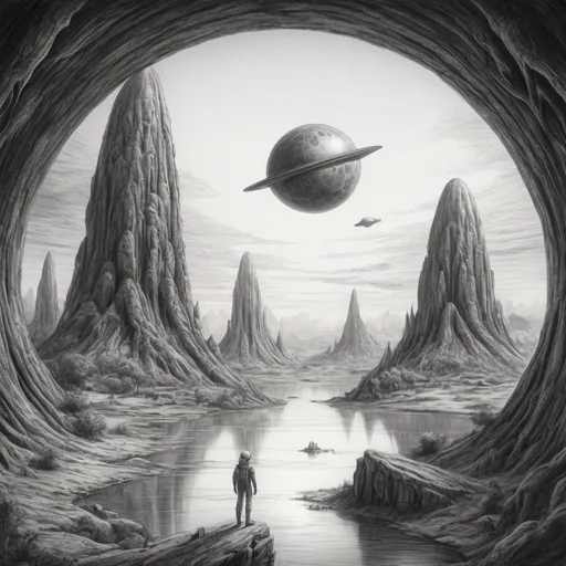 Prompt: Pencil sketch, 4k,2 point perspective, alien fantsy world, detailed shading, realistic, serene atmosphere, black and white, high-quality, pencil drawing, detailed texture, traditional art, peaceful scenery