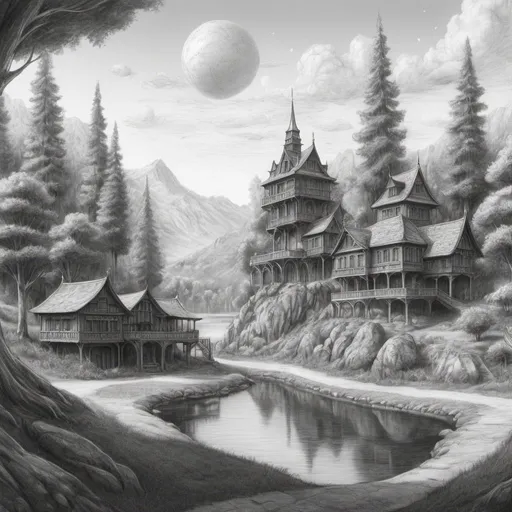 Prompt: Pencil sketch, 4k,2 point perspective, large fantsy world, detailed shading, realistic, serene atmosphere, black and white, high-quality, pencil drawing, detailed texture, traditional art, peaceful scenery