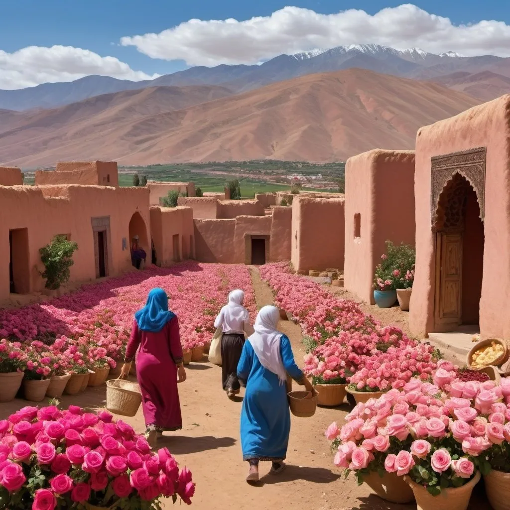 Prompt: Creates an image of the Valley of Roses in Kelaat M'Gouna, Morocco, with fields of roses in full bloom. In the background there are the Atlas Mountains under a clear blue sky with some white clouds. Adds local inhabitants, dressed in traditional Berber clothing: straw hats, colorful djellabas. Shows women harvesting roses with wicker baskets and children playing in the fields. Include Moroccan-style adobe houses with ocher walls and carved wooden doors, as well as traditional Berber tents with colorful designs. Creates a happy and lively atmosphere, with smiling residents. Also shows a local market with stalls selling rose products like rose water and dried petals.