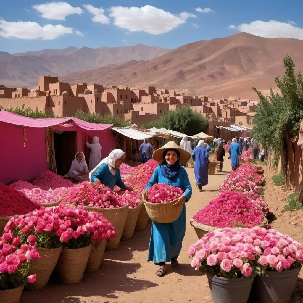 Prompt: Creates an image of the Valley of Roses in Kelaat M'Gouna, Morocco, with fields of roses rosadamaskina in full bloom. In the background there are the Atlas Mountains under a clear blue sky with some white clouds. Adds local inhabitants, dressed in traditional Berber clothing: straw hats, colorful djellabas. Shows women harvesting roses with wicker baskets and children playing in the fields. Include Moroccan-style adobe houses with ocher walls and carved wooden doors, as well as traditional Berber tents with colorful designs. Creates a happy and lively atmosphere, with smiling residents. Also shows a local market with stalls selling rose products like rose water and dried petals.