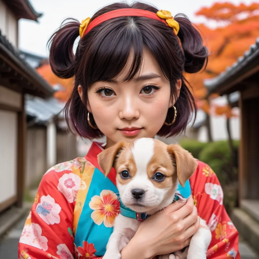 Prompt: a Japanese comic style girl portrait, wearing vivid color dress and accessaries, holding a cute little puppy 