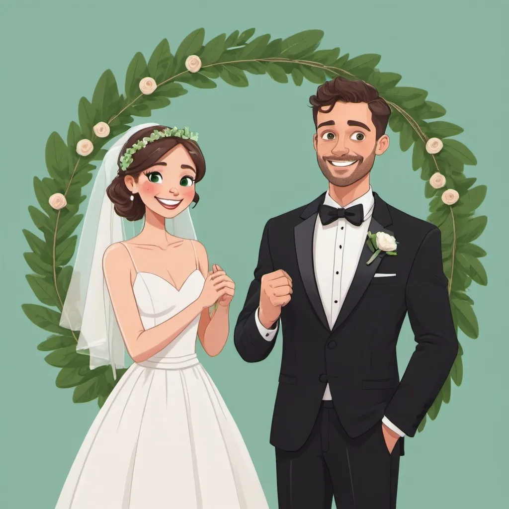 Prompt: Create a cartoon-style image of a wedding couple. The groom is dressed in a black tuxedo with a bow tie, looking surprised with a piece of tape over his mouth, and his hands are tied in front with rope. The bride is smiling happily, standing beside him with her arm around his shoulder. Both characters have distinct cartoon features. Surrounding the couple is a circular wreath made of green leaves. The background is simple and light-colored.
