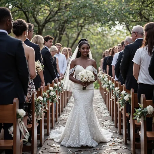 Prompt: A beautiful young black lady walking down the aisle. (Wedding Setup)