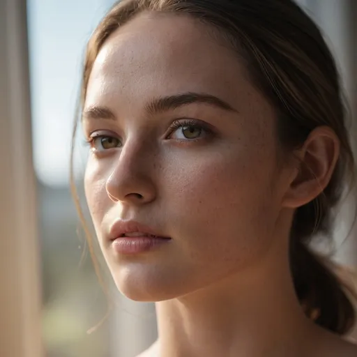 Prompt: A photorealistic image of an Australian model with fair skin, highlighting realistic skin details and veins, captured in natural light. The close-up shot, taken with a Canon EOS R6 Mark II and an 85mm lens, shows her sitting by a large window with soft sunlight casting gentle shadows on her face. Rendered in 8K, with high resolution and hyper-detailed features, emphasizing her serene expression and natural beauty.