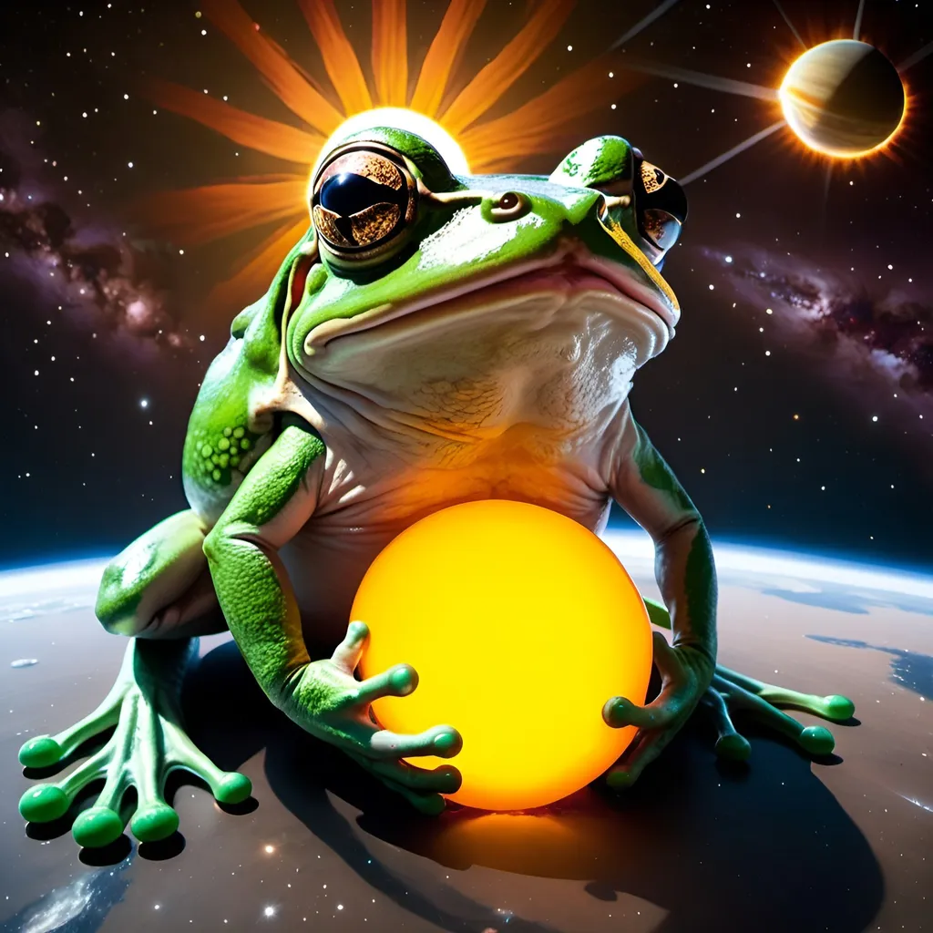 Prompt: Giant frog in space eating sun