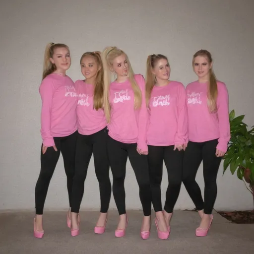 Prompt: 6 blonde teenage females wearing black leggings, pink high heels, and hair in a ponytail 