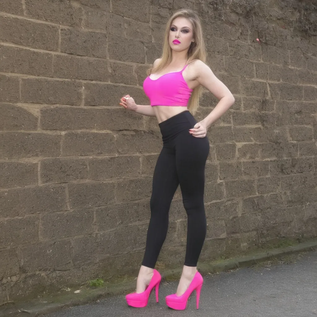Prompt: English Chav wearing black leggings, bright pink high heels, heavy make up, large chest
