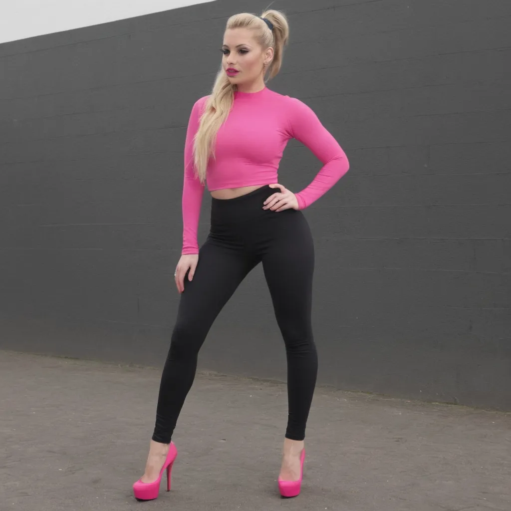 Prompt: English Chav blonde hair in a ponytail, wearing black leggings, bright pink high heels, heavy make up, medium chest and peachy bum