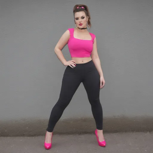 Prompt: English Chav wearing black leggings, bright pink high heels, heavy make up, large chest