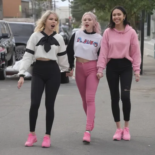 Prompt: Taylor swift and jenna ortega wearing black leggings and bright pink high heels pointing and laughing at billie eilish wearing leggings walking away 
