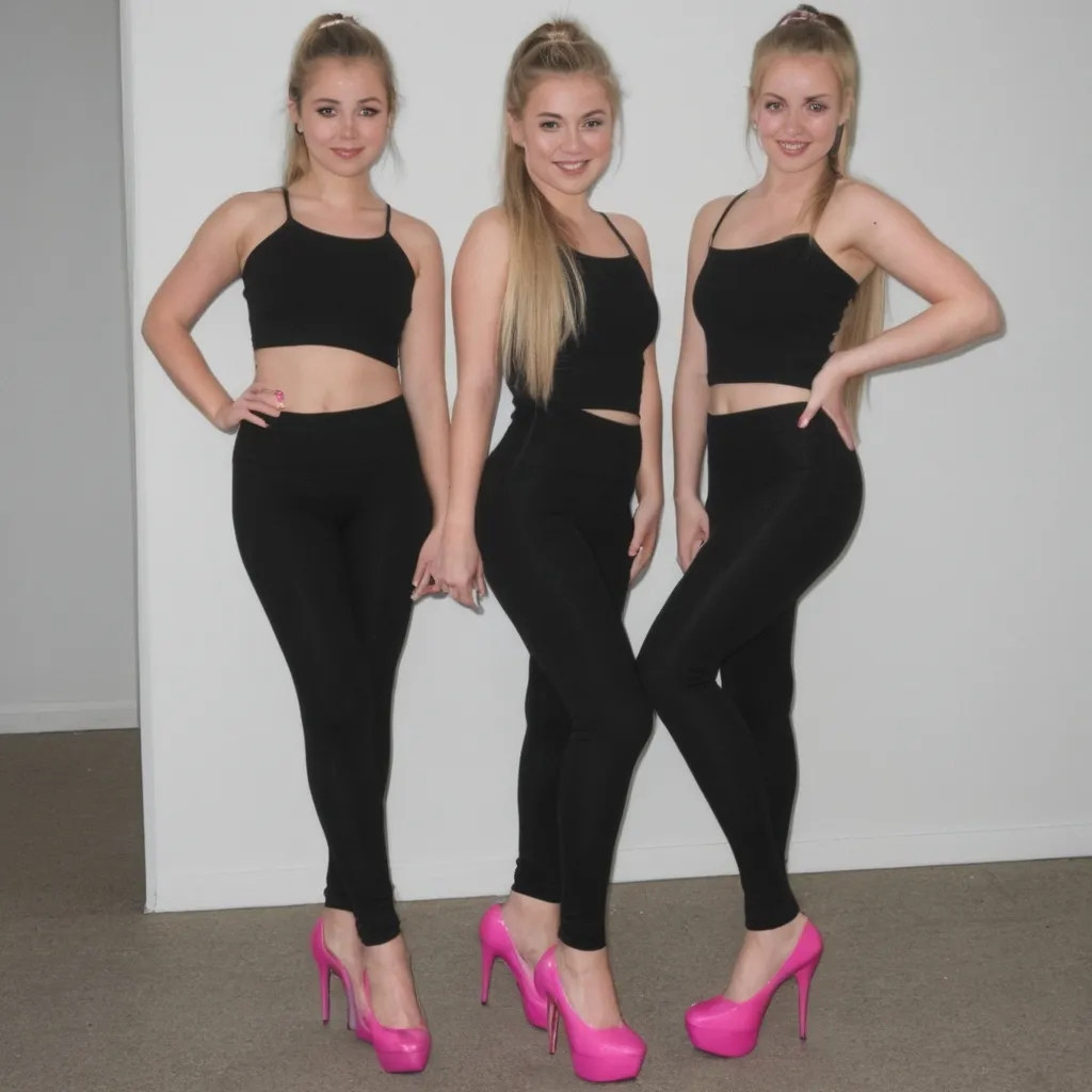 Prompt: 6 blonde teenage females wearing black leggings, pink high heels, and hair in a ponytail 
