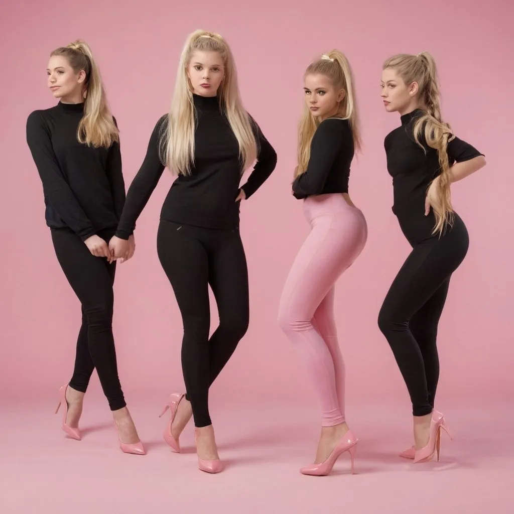 Prompt: 6 blonde teenage females wearing black leggings, pink high heels, and hair in a ponytail fancing away