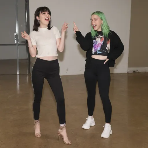 Prompt: Taylor swift and jenna ortega wearing leggings and high heels pointing and laughing at billie eilish wearing leggings