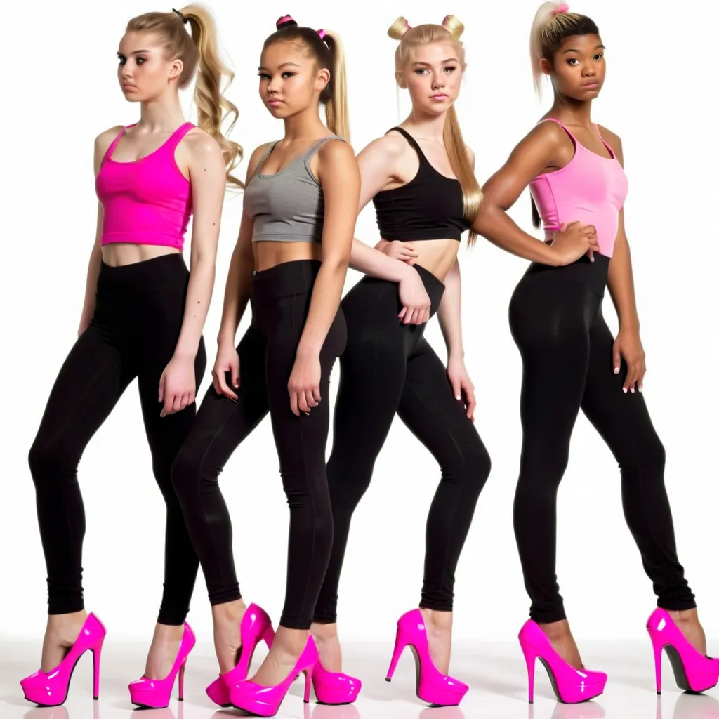 Prompt: 6 blonde teenage females wearing black leggings, pink high heels, and hair in a ponytail fancing away