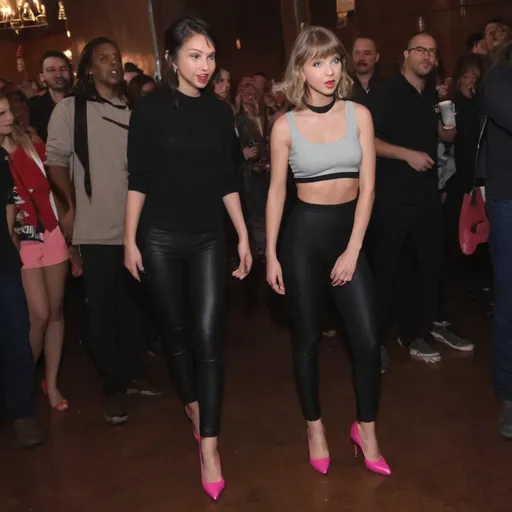 Prompt: Taylor swift and jenna ortega wearing black leggings and bright pink high heels while at a swingers club