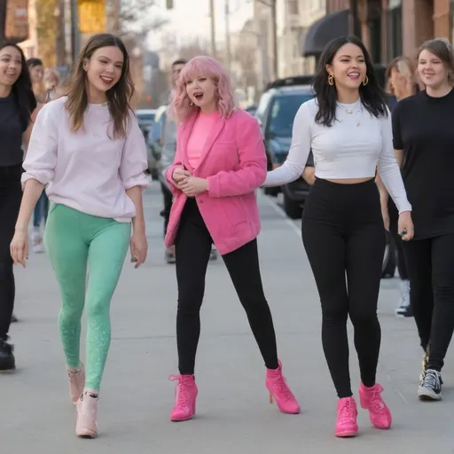 Prompt: Taylor swift and jenna ortega wearing black leggings and bright pink high heels pointing and laughing at billie eilish wearing leggings walking away 