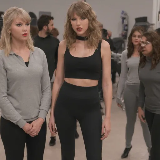 Prompt: Taylor swift wearing grey leggings while talking to other women wearing black leggings and high heels