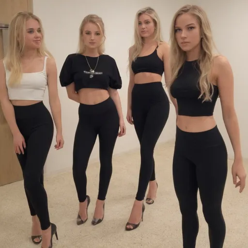 Prompt: 5 blonde teenage females wearing black leggings, high heels, crop top talking 