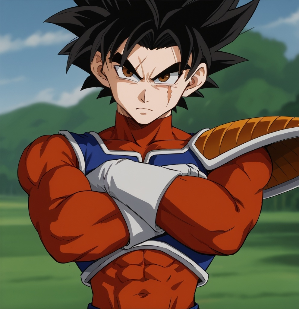 Prompt: Albino male saiyan with an orange spandex with saiyan armor and arms crossed grey gloves- dbz art style- light brown eyes- scar under his eye 