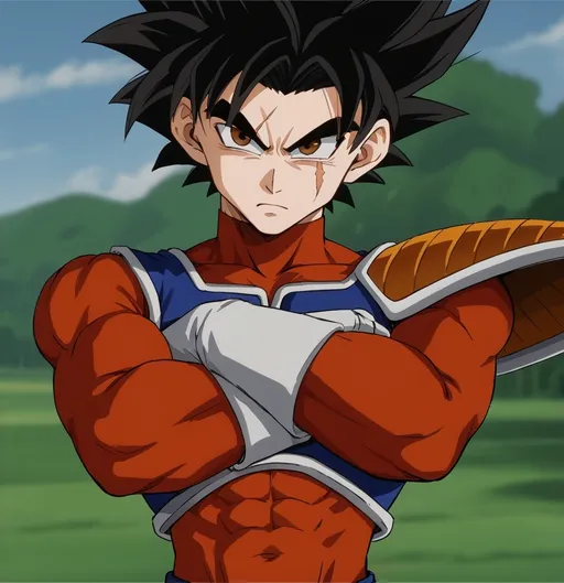 Prompt: Albino male saiyan with an orange spandex with saiyan armor and arms crossed grey gloves- dbz art style- light brown eyes- scar under his eye 