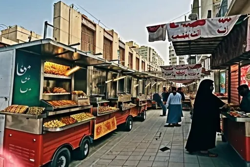 Prompt: a rows of 10 food truck of kirby cart in Baradaran-e Mozaffar Stree in Tehran  selling Fast foods and servicing people are seating on the tables next to food trucks