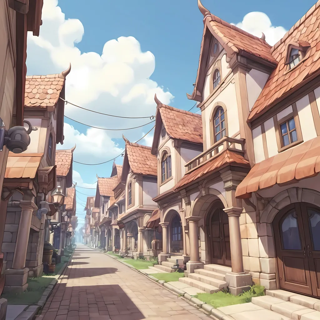 Prompt: a street in prontera city from ragnarok online, viewed from the ground, stylized
