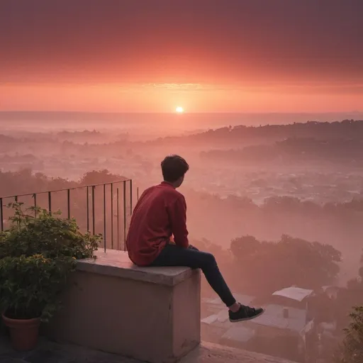 Prompt: 
young man sitting on the slab of a balcony overlooking the sunset and sky is red and orange, in a rural village.. air is filled with pinkish mist
