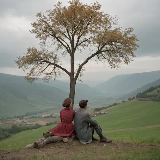 Prompt:  young couple from 20th century sitting under a tree overlooking the empty valley during overcast weather