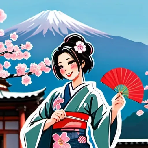 Prompt: Traditional japanese woman wearing a kimono under a sakura tree waving an uchiwa in front of a japanese temple at dawn