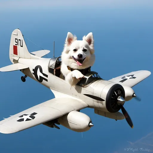 Prompt: American Eskimo Dog flying a WW2 german fighter aircraft