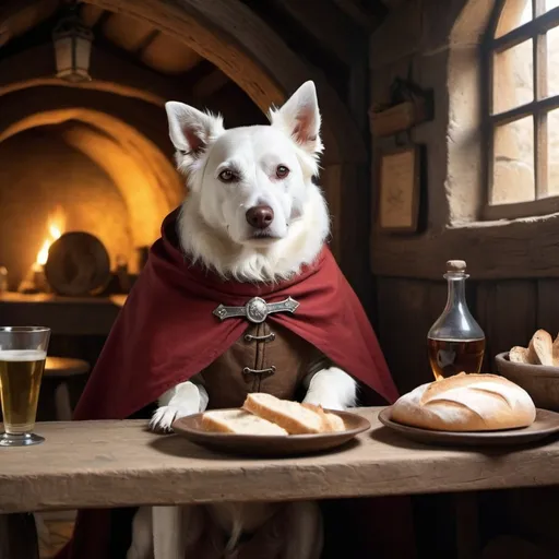 Prompt: Mysterious white dog wearing a cape in a medieval age tavern  eating bread