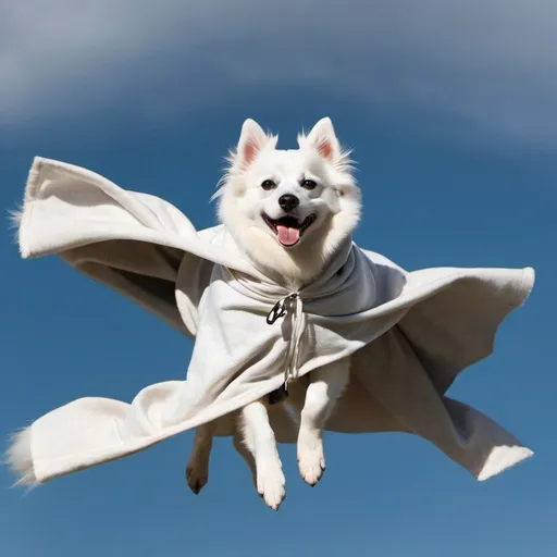 Prompt: mysterious american eskimo assassin dog wearing a cloak