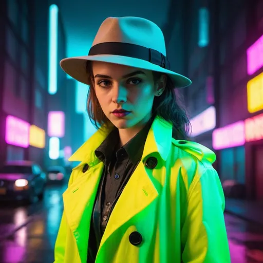 Prompt: portrait of a young Private detective wearing a neon trench coat and a hat in a cyberpunk themed city