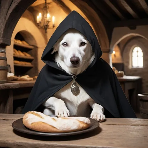 Prompt: Mysterious white dog wearing a black cape with a hood covering his face in a medieval age tavern  eating bread