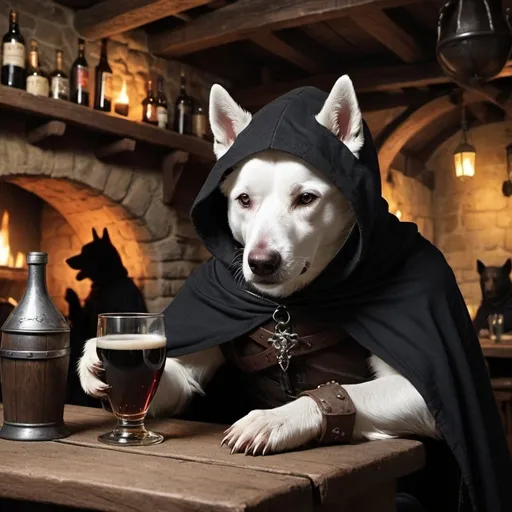 Prompt: Mysterious white dog assassin wearing a black cape with a hood covering his face in a medieval age tavern drinking bear