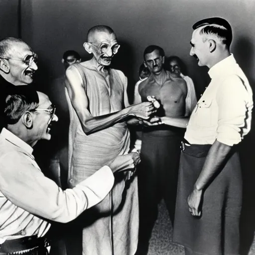 Prompt: Mahatma Gandhi feeding Adolf Hitler a snicker