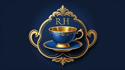 Prompt: (logo design) Business logo for "R.H", elegant lettering, cool color scheme, (gold outline) of letters, featuring a golden teacup as the symbol, (royal blue) background color, modern and professional style, highly detailed and polished, appealing to upscale clientele, visually striking, contemporary aesthetics, crisp and clean design, emphasizing luxury and sophistication.  