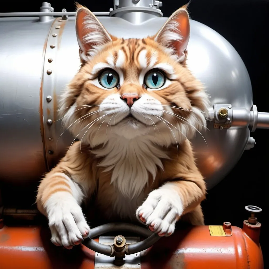 Prompt: Clever cat manipulating nitrogen gas tank with paws, realistic oil painting, detailed fur and whiskers, high quality, realistic, artistic, playful, nitrogen gas tank, valve, curious expression, realistic fur texture, precise paw movement, professional, dramatic lighting, realistic colors, detailed eyes