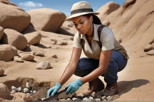 Prompt: african american woman, archeologist, photo realistic, digging for rocks