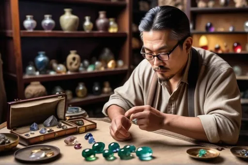 Prompt: asian man, archeologist, examining precious gems, antique artifacts in the background, photorealistic, natural lighting, 