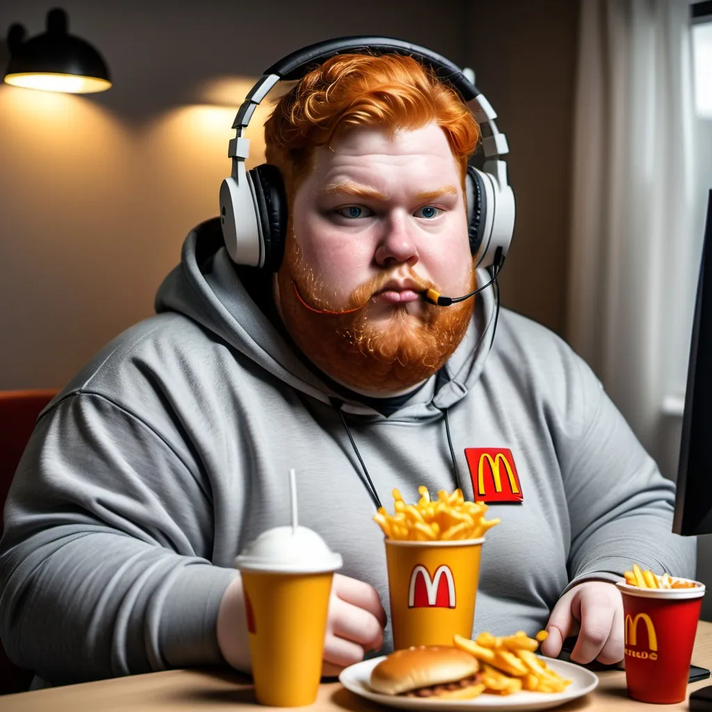 Prompt: A Fat ginger man with a hoodie headset and is eating mcdonalds while gaming and has a beard
