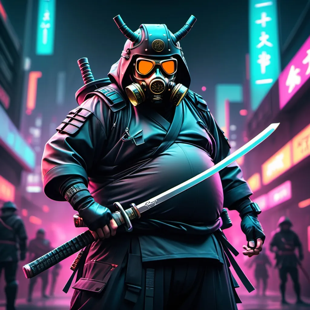 Prompt: lite fat modern samurai with gasmask and katana in hands in cyber punk universe doing kata