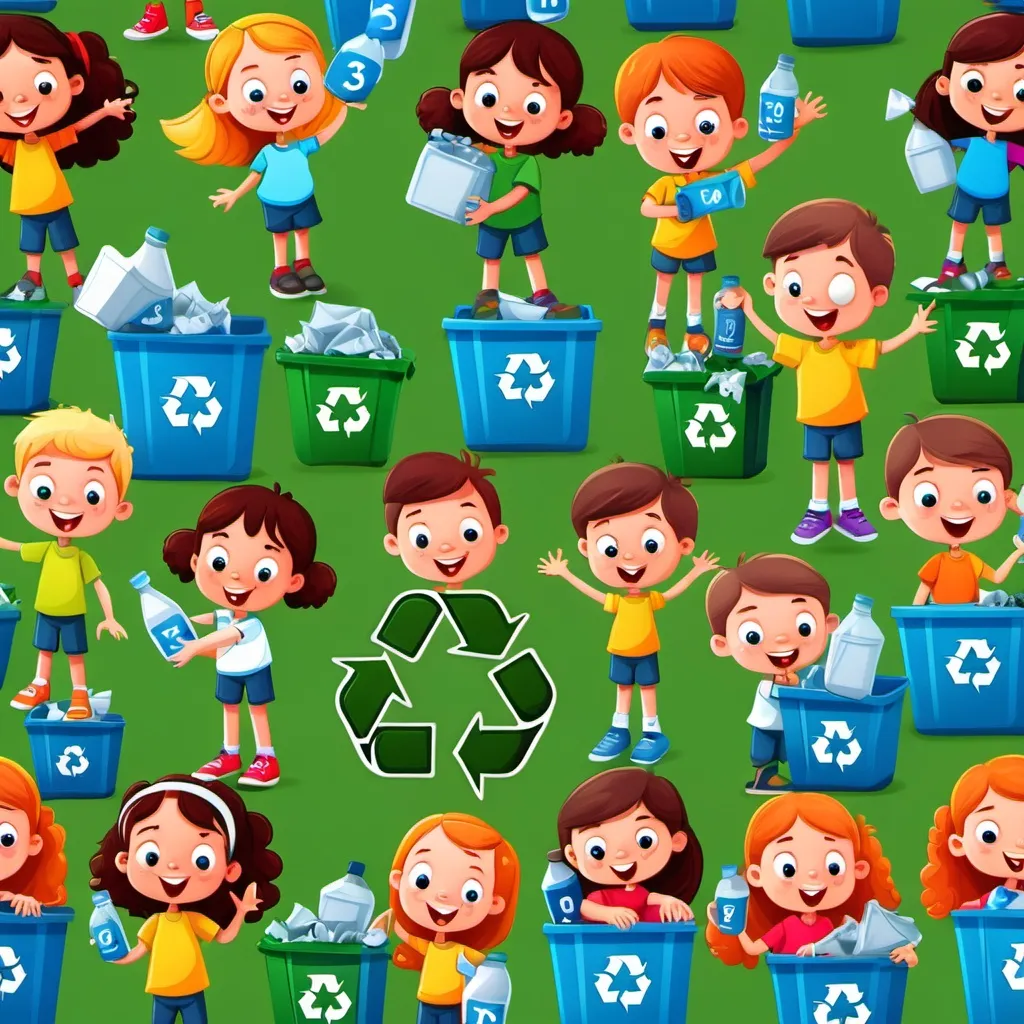 Prompt: Cartoon kids ages from 3 to 10 doing recycling 

