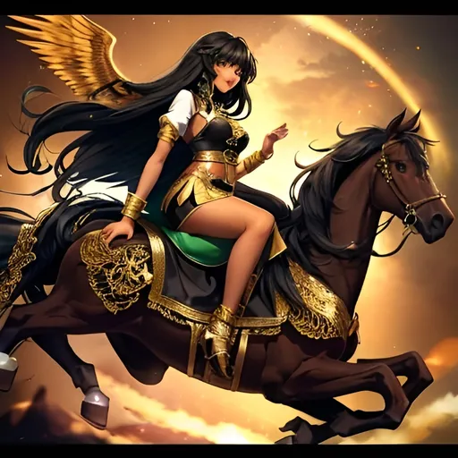 Prompt: A woman with brown skin and very long black curly hair in gold sitting on a Pegasus in an anime style